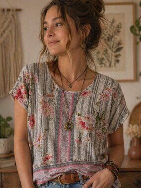 Style & Co Womens Green Stiped Floral Printed Short Sleeve Shirt Size Large Boho